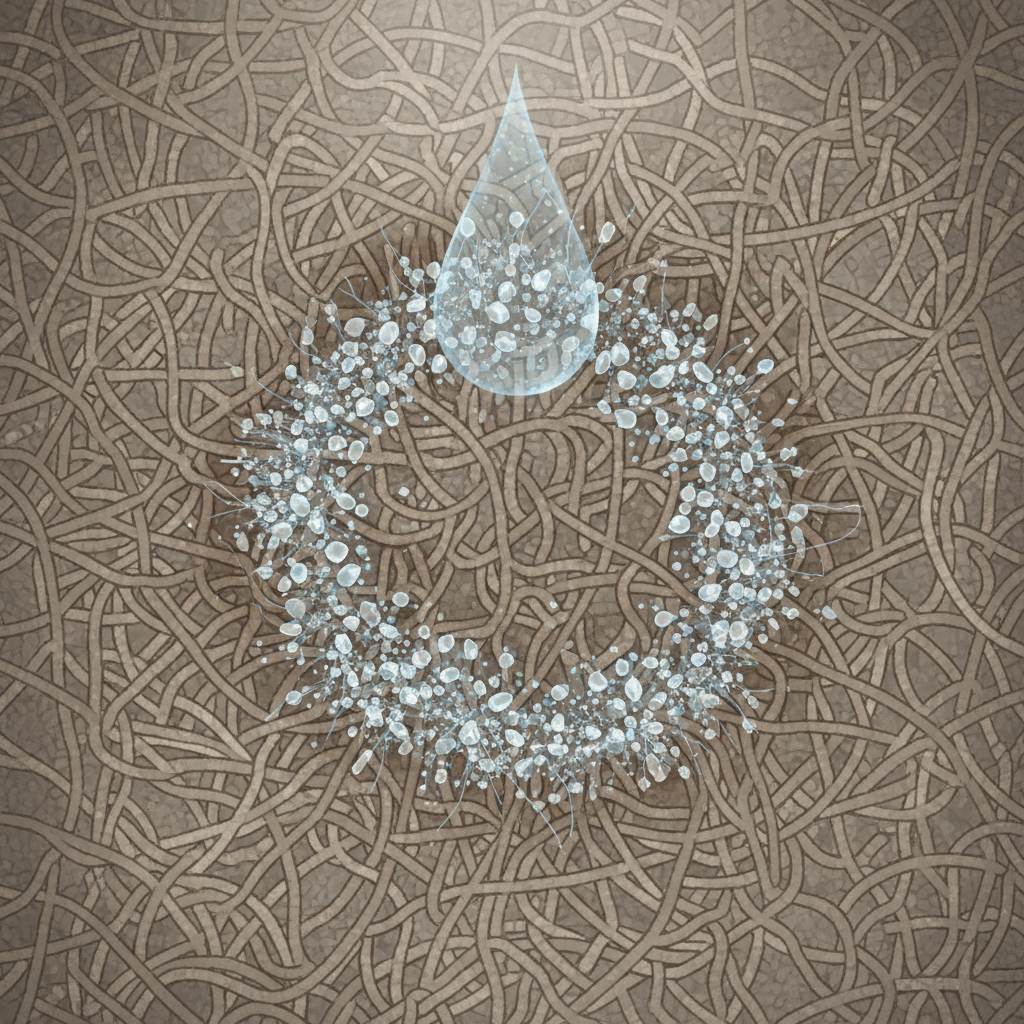 A highly detailed scientific cross-section illustration of leather material. Show a microscopic view where a drop of water is depicted penetrating the intricate fibers of the leather. As the water evaporates, tiny, crystalline mineral deposits are left behind, forming a visible, discolored ring or patch within the leather's structure. The surrounding fibers are pristine, highlighting the contrast of the stain's formation process. Use a muted color palette for the leather and subtle blue hues for the water, with sparkling white or light grey for the mineral residues. Clean digital art style, suitable for explaining a complex process.