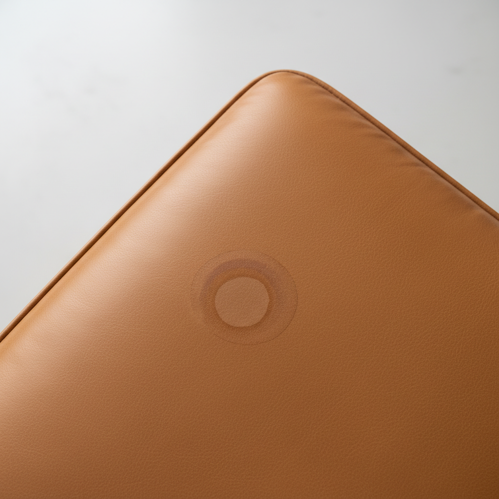 A professional, top-down product photography style image featuring a beautiful, slightly textured leather item, such as a corner of a sophisticated handbag or a section of a high-quality leather armchair. A distinct, dried water stain, appearing as a slightly darker or lighter ring mark, is prominently visible on the surface. The rest of the leather is clean and displays its natural sheen and texture, emphasizing the imperfection caused by the stain. The setting is clean and uncluttered, focusing entirely on the leather and the stain, conveying the common problem this article addresses.