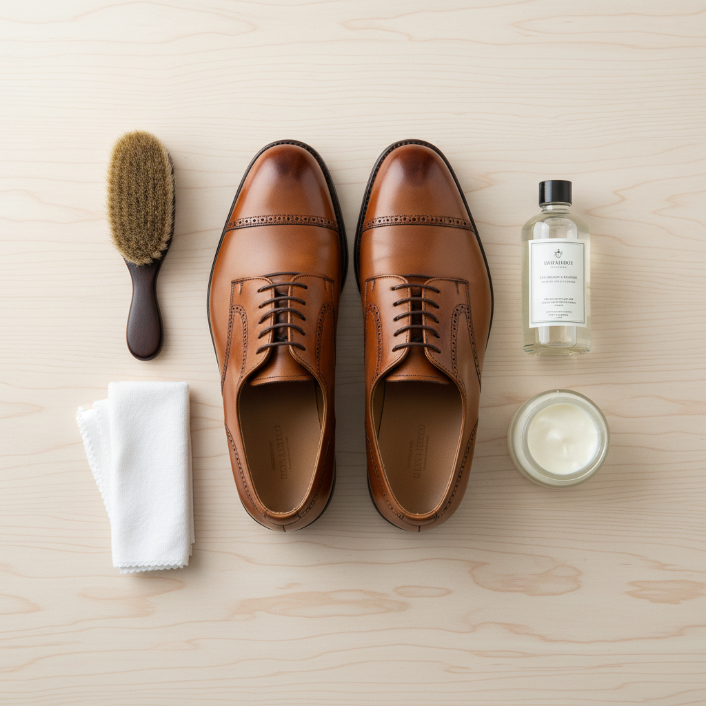A top-down, professional product photography shot displaying the essential tools for leather shoe stain removal. In the center, a pair of elegant, high-quality brown leather shoes (e.g., classic Oxfords) clearly shows visible, subtle water stains on the toe caps and sides. Surrounding the shoes, neatly arranged on a clean, light wooden surface, are a soft horsehair brush, a folded white microfiber cloth, a stylish bottle of leather cleaner, and a small jar of leather conditioner. The lighting is soft and even, highlighting the textures of the leather and materials. The scene conveys readiness and a methodical approach to shoe care.
