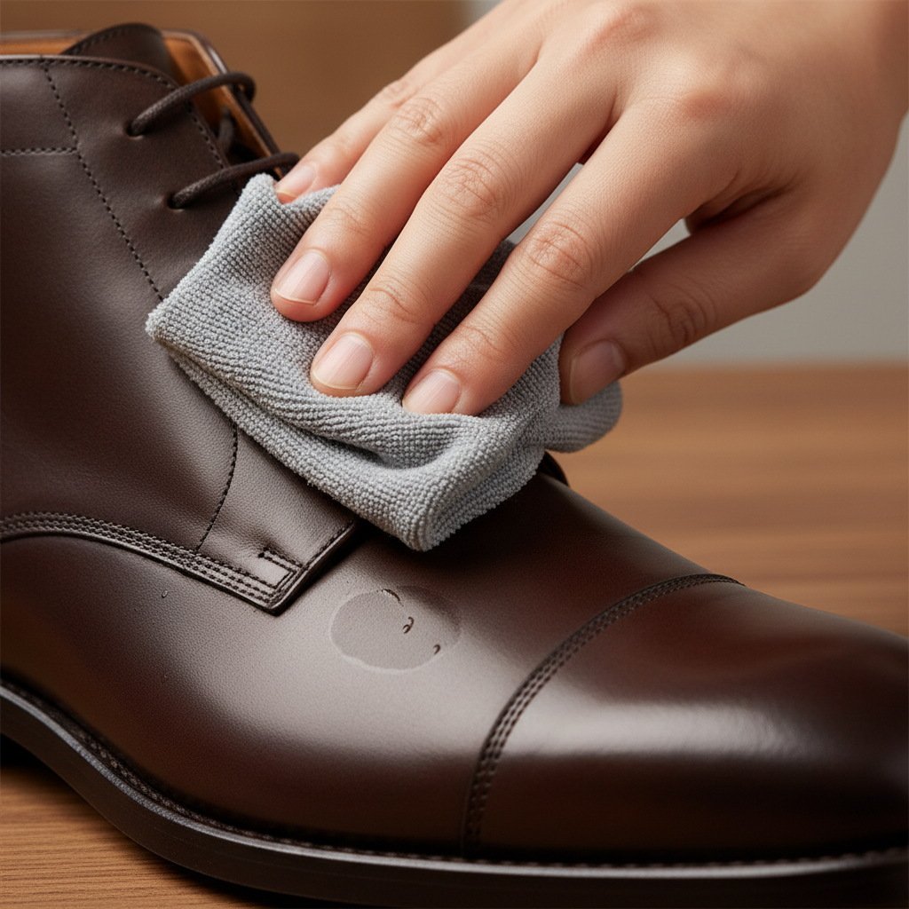 A close-up, highly detailed photograph showing the careful process of treating a water stain on a smooth leather shoe. A human hand, with clean fingers, gently holds a slightly damp, soft microfiber cloth and delicately dabs a specific, subtly discolored area on the side of a rich dark brown leather boot or shoe. The focus is sharp on the intricate texture of the leather and the action of the cloth, with faint hints of moisture on the shoe surface. The background is softly blurred, hinting at a comfortable home environment. The image should convey care, precision, and the tactile nature of leather treatment.