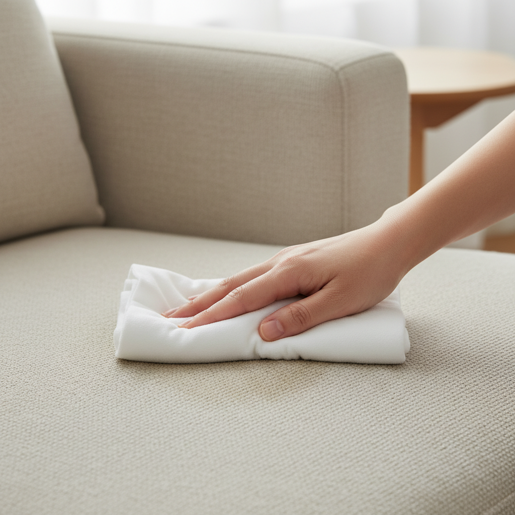 A professional, high-resolution close-up photograph capturing a hand gently pressing a clean, dry white cloth onto a fresh, circular water stain on a light-colored, textured fabric sofa. The stain is subtly visible as a darker, slightly damp area on the upholstery, with some surrounding moisture. The focus is on the careful action of blotting, showing the cloth absorbing moisture without rubbing. Natural, soft lighting highlights the fabric's texture and the subtle discoloration of the stain, conveying an immediate, careful response to a spill.