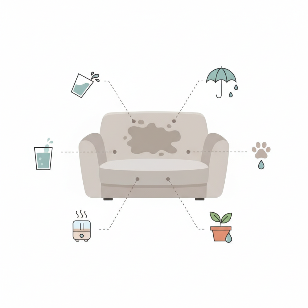 A clean, flat illustration in a modern infographic style, showcasing a visible water stain on a neutral-colored fabric sofa cushion. Around the central stain, several small, stylized icons depict common causes. These include a tipped-over water glass, a dripping umbrella, a subtle pet paw print, a miniature humidifier emitting vapor, and a small plant pot with a single drop of water. The composition visually connects these elements to the water stain, illustrating various sources in a clear, minimalist aesthetic with a muted color palette and distinct, recognizable symbols.