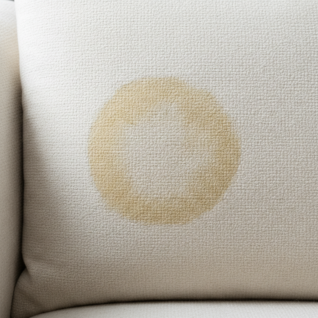 A close-up, high-definition professional photo capturing a prominent, unsightly water stain on a luxurious, textured fabric sofa cushion. The stain exhibits a characteristic light-colored ring and a subtle discoloration, clearly contrasting with the pristine surrounding fabric. The lighting accentuates the stain's visibility, emphasizing the common problem of water marks on upholstery. The focus is sharp on the damaged area, conveying the need for cleaning.