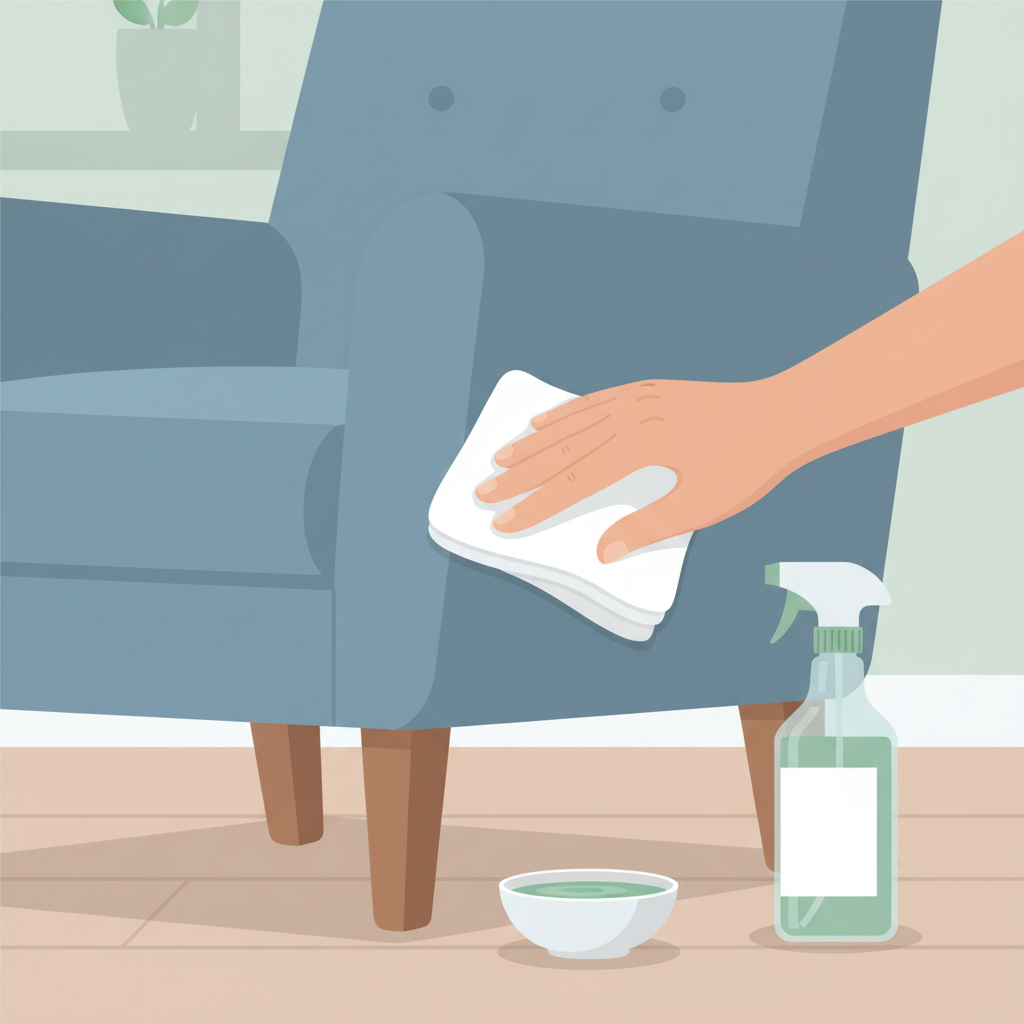 A detailed flat illustration in a clean, modern style, depicting the crucial preparation step of testing a cleaning solution. A hand (generic, neutral skin tone) gently dabs a small, clean white cloth onto an inconspicuous area, such as a hidden seam or the back corner of an upholstered chair. A generic spray bottle or a small container of cleaning product rests nearby. The scene emphasizes careful testing before full application.