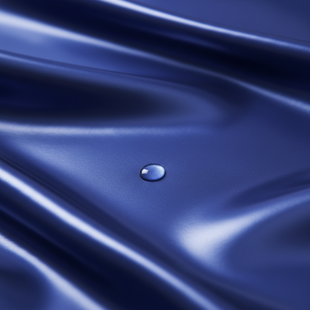 A close-up, high-definition professional photo capturing a delicate satin fabric. The satin should be a rich, luxurious color, draped elegantly to showcase its smooth, reflective surface. A clear, distinct water droplet is captured mid-impact or just after it has touched the fabric, creating a visible, slightly darker ring or spot that disrupts the pristine sheen. The focus is on the contrast between the untouched, shimmering satin and the subtle yet noticeable imperfection caused by the water. The overall impression should be one of visual elegance encountering a common household issue.