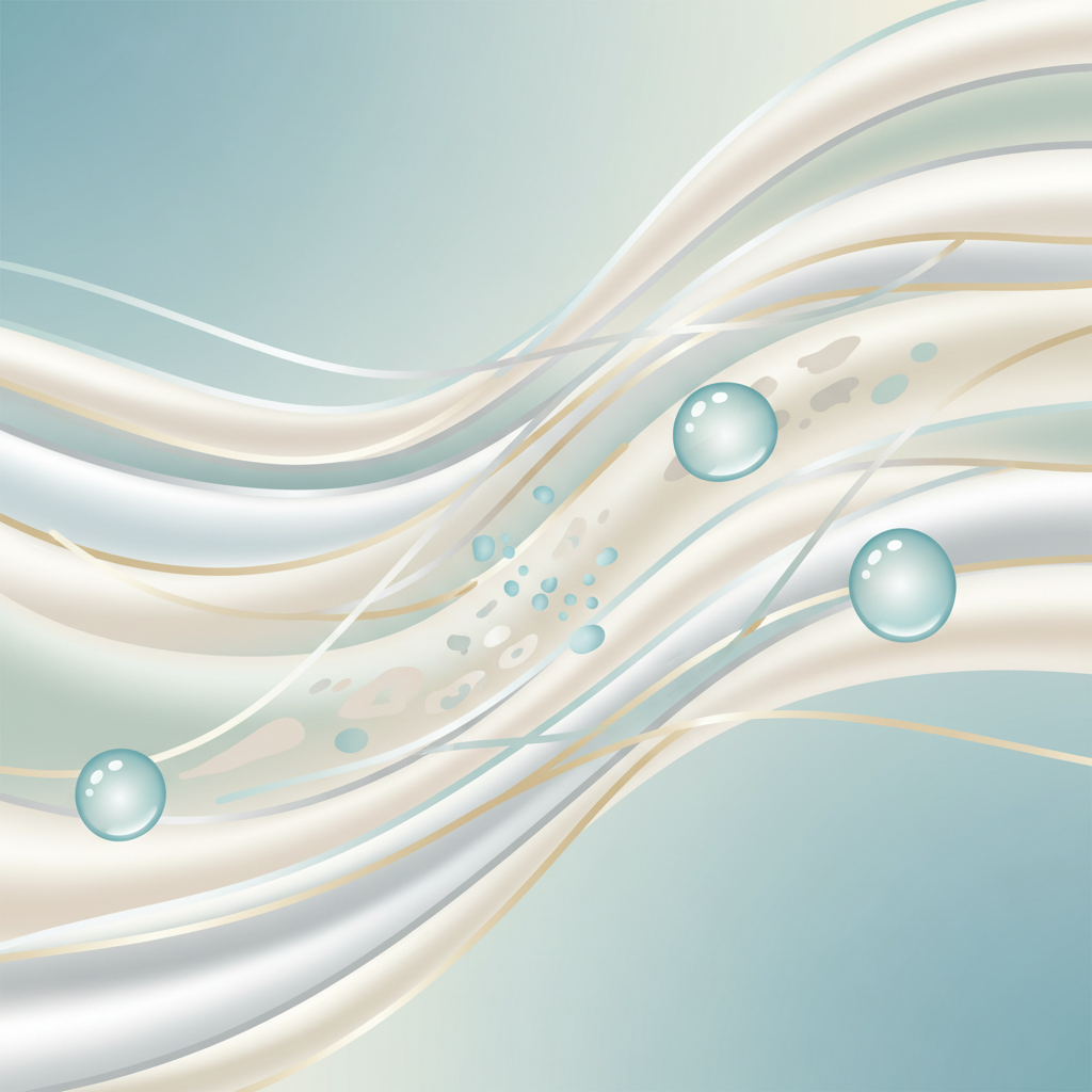 A stylized, clean flat illustration depicting the microscopic interaction of water with satin fabric. The illustration should show a simplified, exaggerated view of satin's unique weave structure, with long, floating threads creating its characteristic sheen. Overlaying this, several small, stylized water droplets are shown in various stages of interaction: one permeating the weave, another drying and leaving behind tiny, subtle representations of mineral deposits or fiber displacement. The color palette should be soft and complementary, emphasizing clarity and understanding of the fabric's sensitivity.