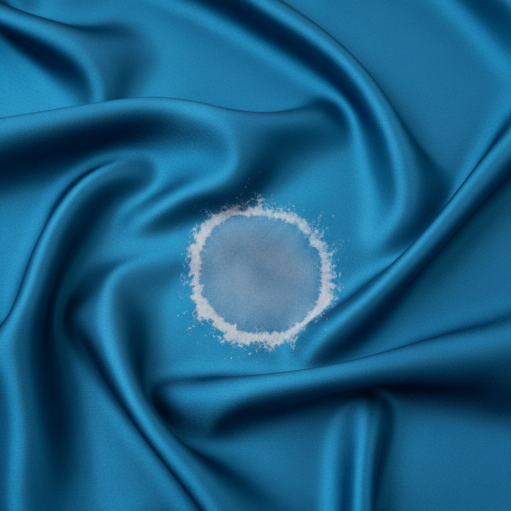 A close-up, high-definition professional photo of a luxurious, flowing silk fabric, perhaps a vibrant blue or emerald green scarf. The fabric should exhibit its characteristic soft sheen and elegant drape with gentle folds. Prominently featured on the silk is a clearly visible, circular water stain with subtle mineral residue visible at its edges, creating a stark contrast with the otherwise pristine material. The lighting should highlight the delicate texture of the silk and the presence of the blemish, conveying both the beauty of the fabric and the frustration of the water mark.