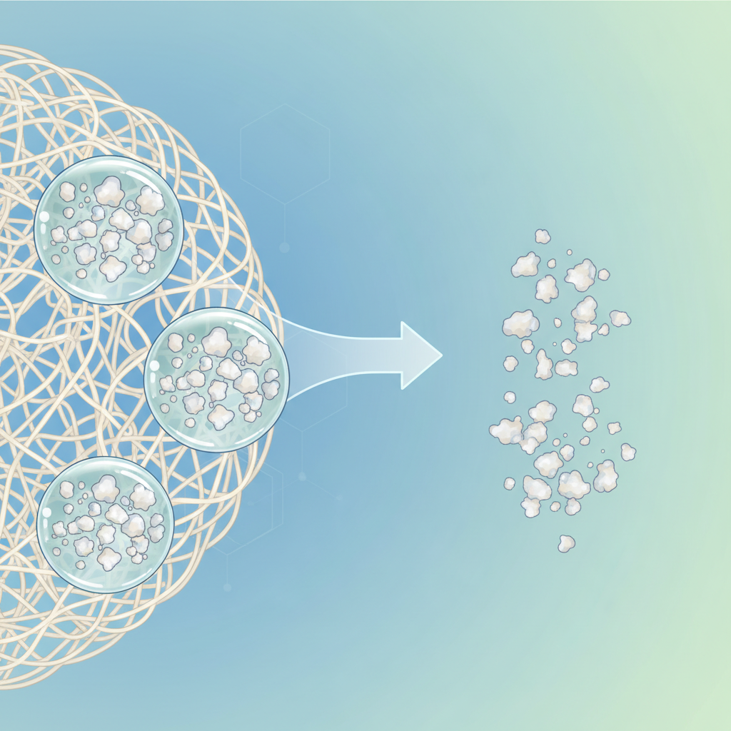 A detailed, infographic-style illustration depicting a microscopic view of silk fibers interacting with water and mineral deposits. Show delicate, intertwined protein fibers of silk in a gentle, flowing pattern. Magnified water droplets, containing tiny, irregular mineral particles (e.g., white or light grey specks), are settling on these fibers. In another section, illustrate the water evaporating, leaving behind a concentrated cluster of these mineral residues clinging to the silk fibers, forming the visual representation of a water stain. The overall aesthetic should be clean, scientific, and visually explain the mechanics of stain formation.