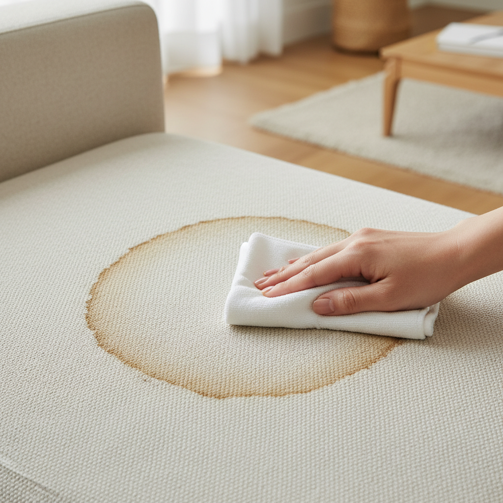 A close-up, professional photo of a modern, light-colored fabric sofa cushion displaying a prominent, dried water stain with a noticeable darker ring. A human hand, entering from the side of the frame, is gently pressing a clean, folded white microfibre cloth onto the edge of the stain, demonstrating the delicate dabbing motion. The lighting is soft and natural, emphasizing the texture of the fabric and the subtle discoloration of the stain, set against a softly blurred, cozy living room background. The focus is on the action of absorption and the stain, conveying urgency and care.