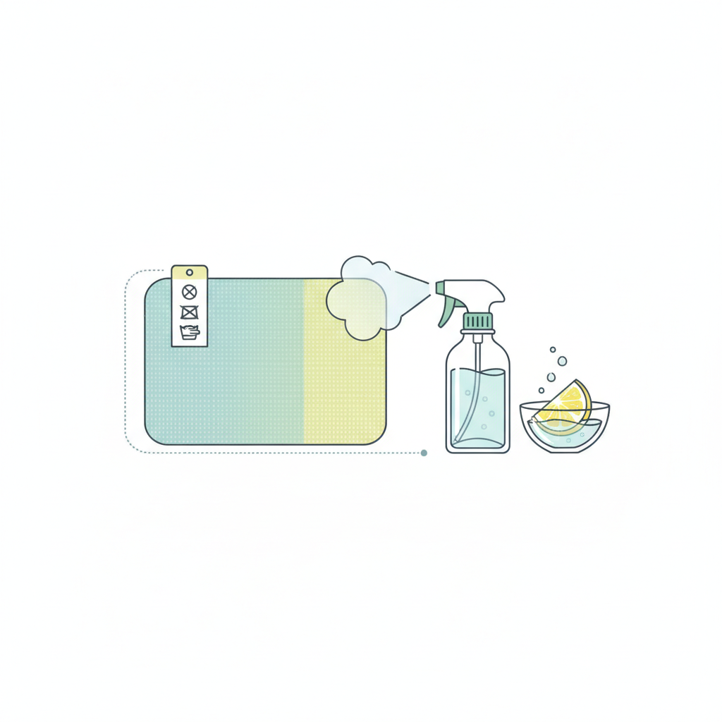 A clear, infographic-style illustration presenting the crucial steps before cleaning. On the left, a simplified representation of a sofa fabric swatch with a small, generic care label tag clearly visible, displaying abstract, non-specific symbols (no readable letters or numbers). On the right, a transparent spray bottle is depicted alongside a small bowl containing a natural cleaning ingredient like a lemon slice or a clear liquid, symbolizing a homemade solution. A gentle mist emanates from the bottle towards the fabric. The overall visual communicates the importance of checking care instructions before applying any cleaner. Clean lines and soft, complementary colors.