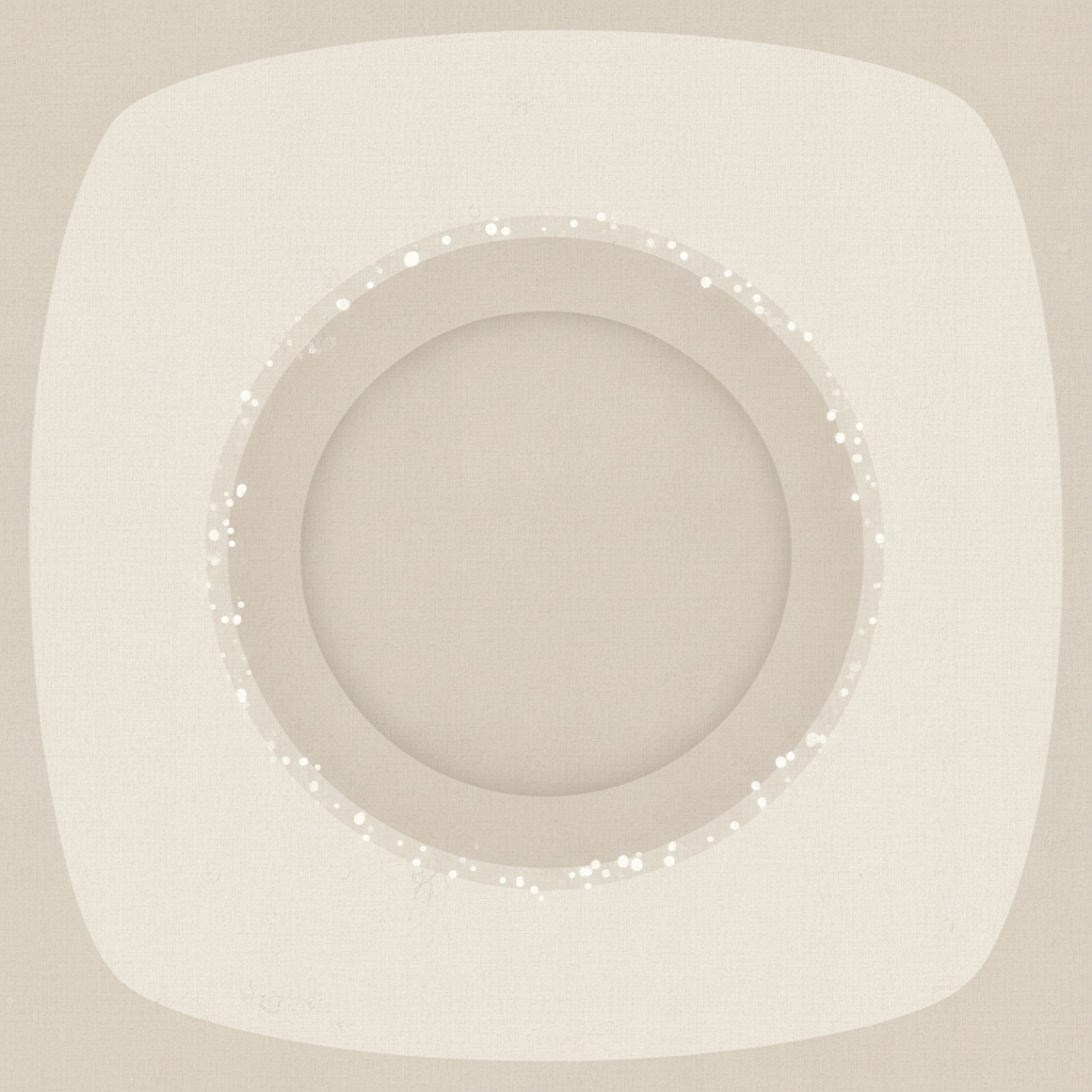 A close-up, clean flat illustration showcasing a subtle yet noticeable water stain on a piece of light-colored fabric, possibly a sofa cushion or a shirt. The stain should have a distinct, slightly darker ring, illustrating the mineral residue effect. Around the edges of the evaporating water, very subtle, almost microscopic crystalline shapes or tiny dots could be depicted, representing the dissolved minerals and salts being left behind as the water visually recedes. The overall mood should be slightly muted but informative, focusing on the visual characteristics of a water stain caused by evaporation.