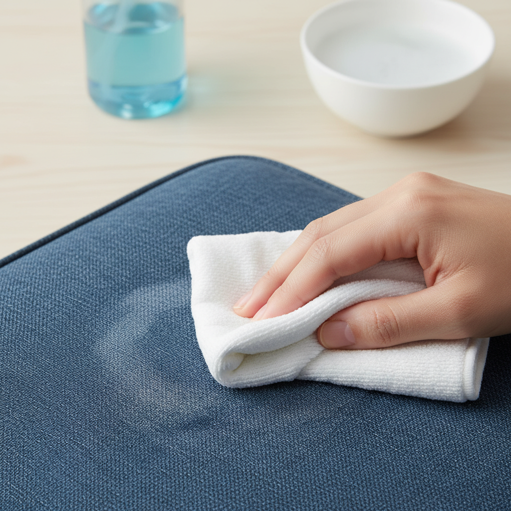 A professional, bright product photography style image featuring a hand carefully dabbing a visible water stain on a section of textile, such as a denim fabric or an upholstered armchair. The hand should be holding a clean, white microfiber cloth, gently pressing it onto the stained area. In the background, slightly out of focus, a generic spray bottle or a small bowl with a cleaning solution could be visible, hinting at the cleaning process without being explicit. The focus should be on the action of stain removal, conveying care and effectiveness, with good lighting highlighting the texture of the fabric and the cleaning process.