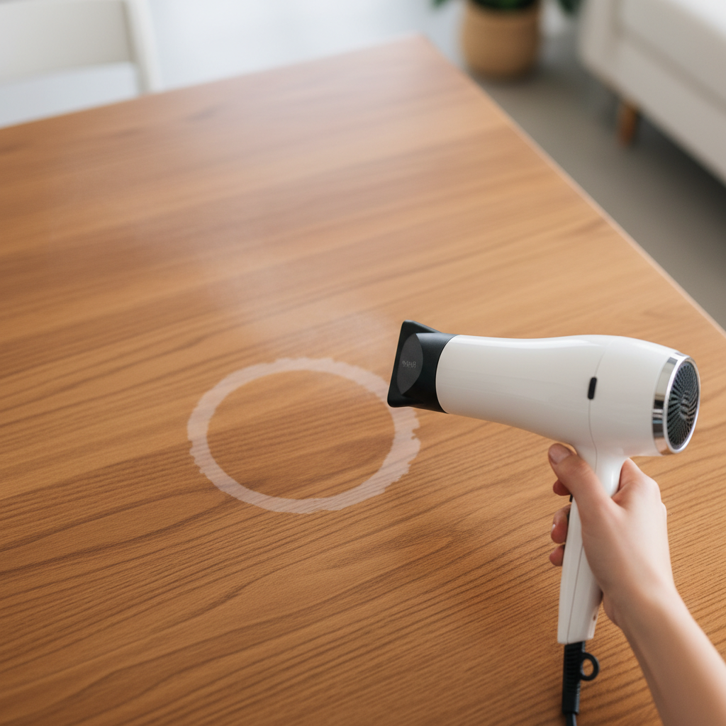 A close-up, top-down view of a light-colored, circular water stain on a warm, polished wooden table surface. A hand is gently holding a modern hair dryer, directing a stream of warm air towards the center of the water ring. The wood grain is clearly visible, and the stain appears to be subtly fading or reacting to the heat. The overall style is a professional, well-lit lifestyle photograph with a shallow depth of field, creating a clean and focused look on the task at hand.