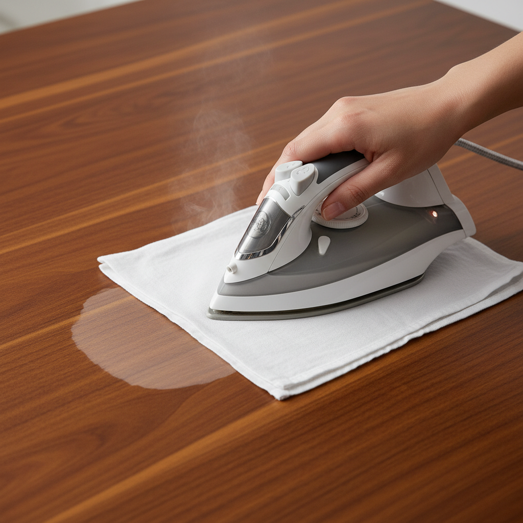 A close-up of a light, opaque water stain on a wooden surface, with a careful hand placing a clean, thin white cloth directly over the stain. An iron, set to a low temperature, is positioned on top of the cloth, gently pressing down. The wood has a rich, warm tone with visible grain. The scene conveys a sense of careful action and attention to detail, rendered as a bright, clear, and professional photograph illustrating a precise home remedy technique.