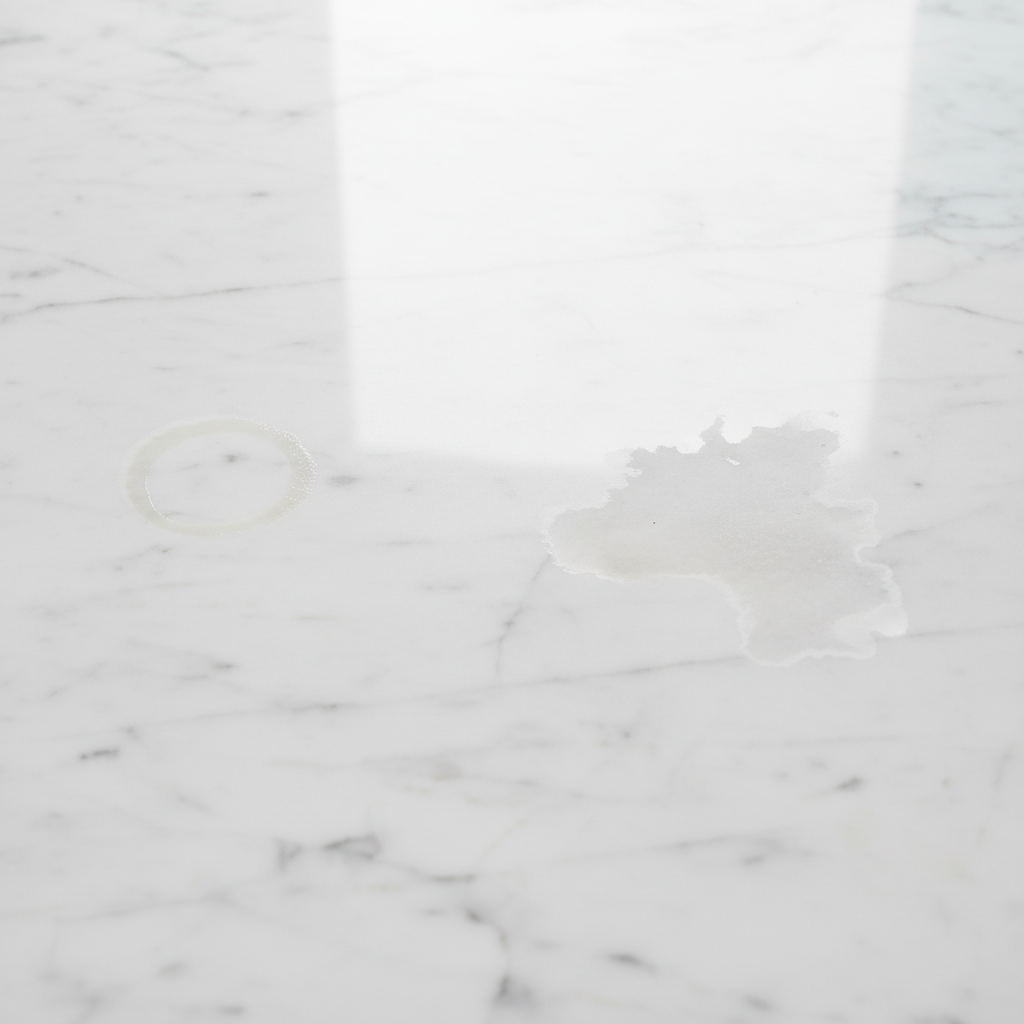 A close-up, professional still-life photograph of a polished white marble countertop. On one side, a subtle, light-colored, circular water ring is clearly visible on the glossy surface, representing a superficial mineral deposit stain. On the other side, there is a distinct dull, matte, slightly rough-looking patch, indicating a deeper, acid-etched area where the marble's shine has been compromised. The image should vividly capture the contrast between the unblemished, shiny marble, the faint water ring, and the damaged etched surface.