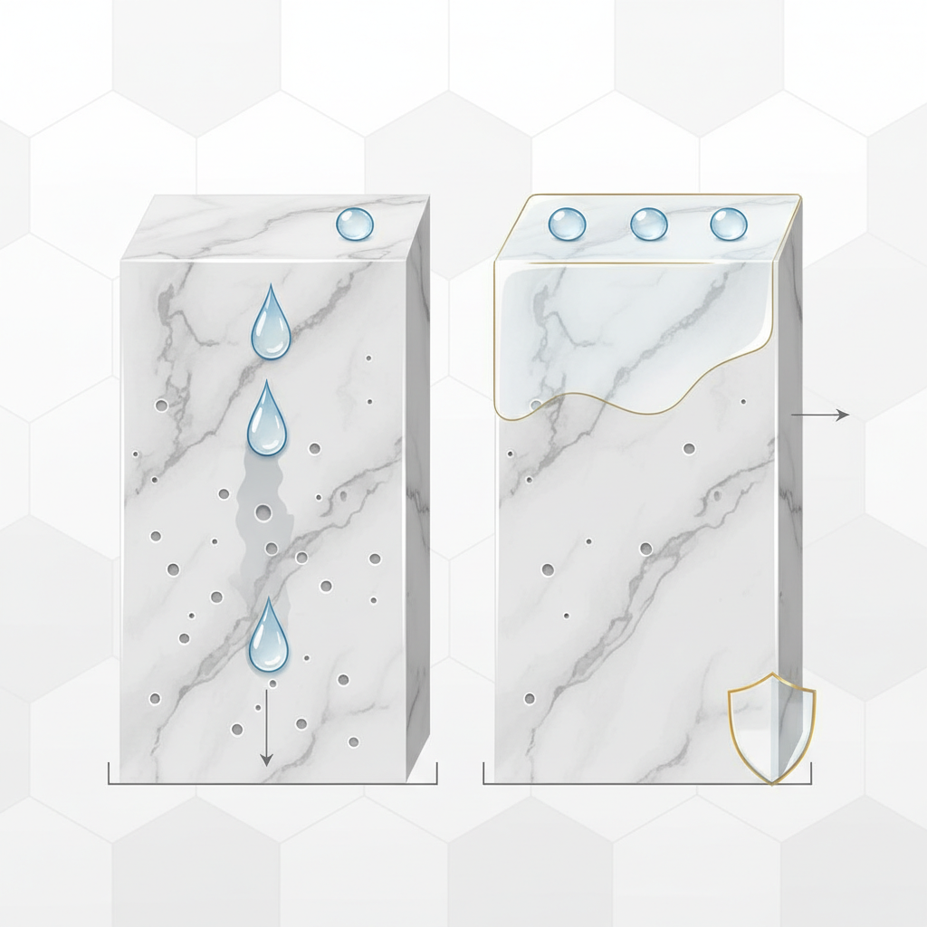 An elegant infographic-style illustration depicting two comparative cross-sections of marble. The left cross-section shows raw, unsealed marble with visible tiny pores, and several droplets of water are visibly sinking deep into these pores. The right cross-section displays the same marble, but with a thin, translucent protective layer on its surface, causing water droplets to bead up perfectly on top without penetrating. The illustration should clearly convey the protective barrier effect of sealing against liquids.