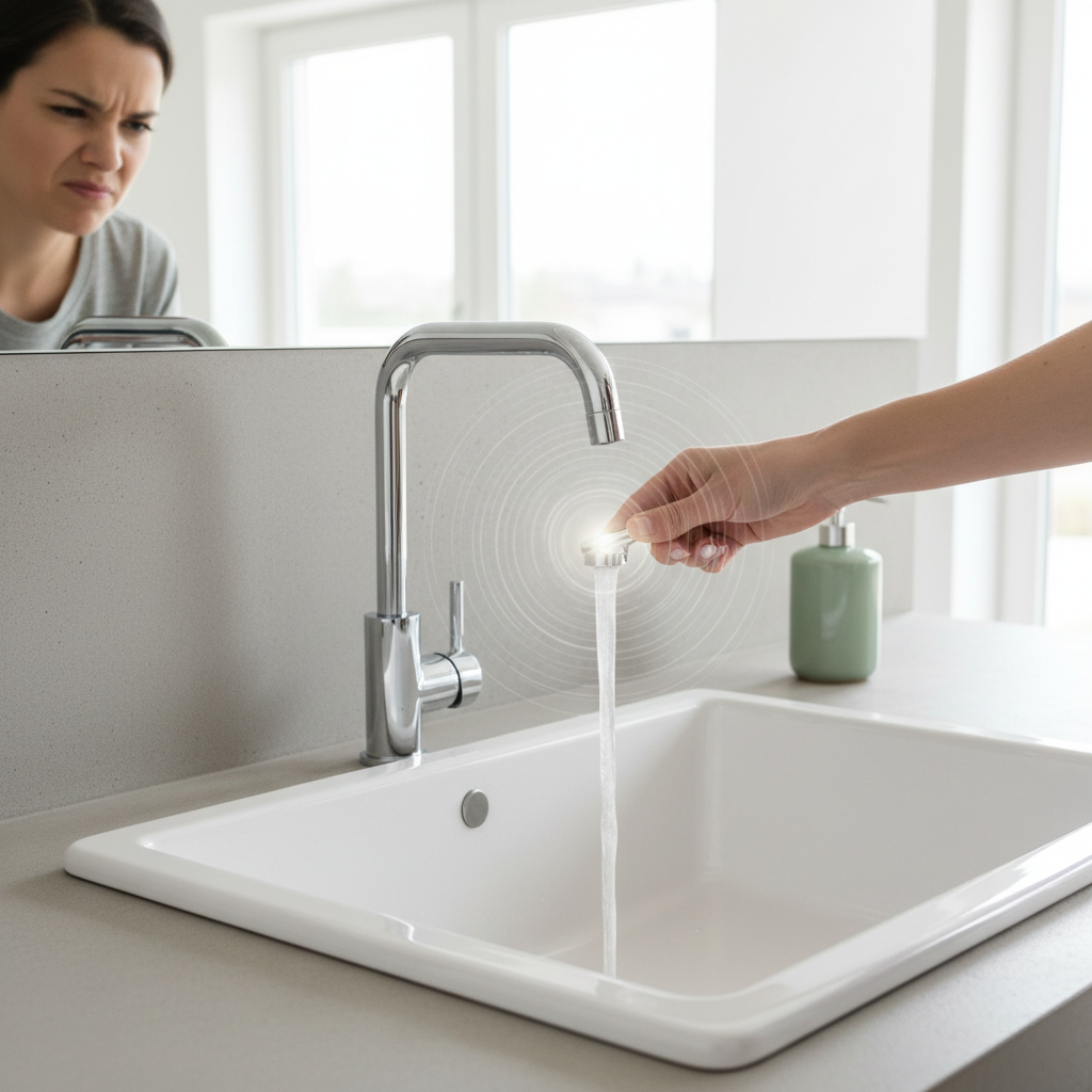 A modern kitchen or bathroom sink with a sleek, chrome faucet. A person's hand is visible turning on the faucet, with a subtle indication of annoyance or frustration on their face (or just their posture). The water stream flows, but the primary focus is on the invisible, high-pitched whistling sound emanating from the faucet, subtly suggested by visual ripples or a slight blur around the spout. The overall atmosphere is clean and well-lit, highlighting the disturbance in an otherwise peaceful setting. Style: Professional photo, realistic, clean aesthetic.