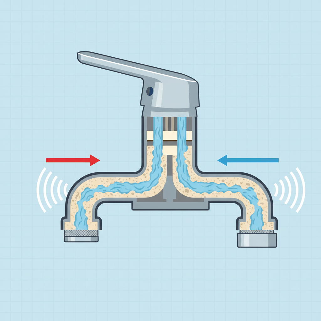 A detailed cutaway diagram illustrating the internal mechanism of a faucet. The water flow path is clearly depicted from the inlet to the spout. Visible within the pipes and around the valve components are significant accumulations of limescale and mineral deposits, narrowing the water channels. The water is shown flowing through these constricted, irregular passages, with visual cues like turbulent swirling lines or faint vibration patterns originating from the narrow points, symbolizing the creation of a whistling sound. Style: Flat illustration, clean infographic style with clear internal components.