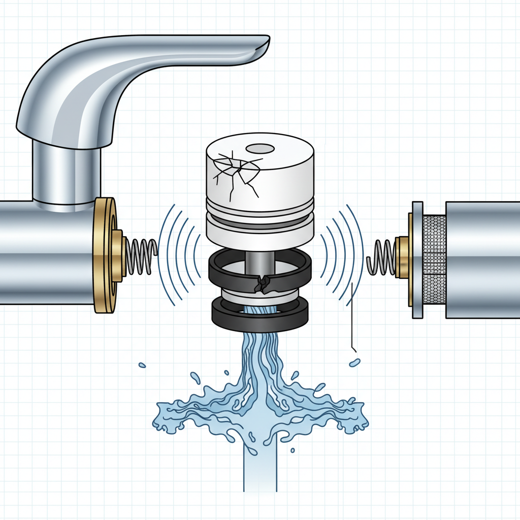 An intricate cutaway diagram focusing specifically on the valve assembly and seals within a faucet. The illustration prominently features a rubber washer, ceramic disc, or cartridge that appears worn, cracked, or slightly misaligned. The water flow is depicted interacting with this compromised component, showing an uneven or turbulent passage of water through the faulty seal or valve. Subtle visual effects like rippling lines or irregular flow patterns around the damaged part indicate the vibrations that cause the whistling sound. Style: Exploded diagram style, technical illustration, precise and clean.