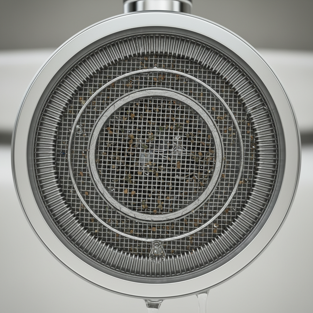 A high-definition, close-up illustration of a faucet's aerator (Perlator) located at the tip of the spout. The fine mesh screen of the aerator is clearly visible, with some small particles of debris, mineral deposits, or minor blockages subtly embedded within its structure. Water droplets are just beginning to emerge, hinting at how the compromised condition of the aerator affects the water flow. The focus is sharp on the intricate details of the aerator's construction and any visible obstructions. Style: High-definition product illustration, macro photography style, clean and focused.