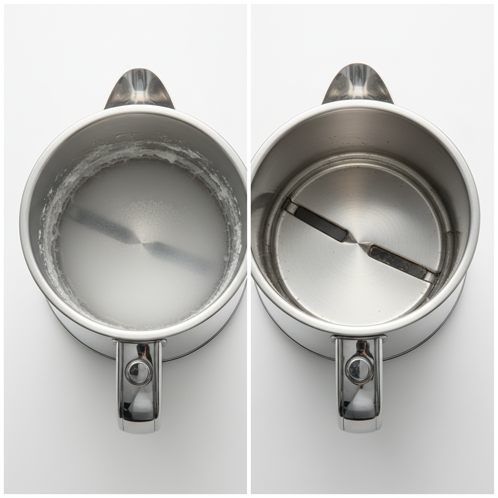 A vibrant, professional product photography style image showcasing a clear visual contrast. On the left side, an open electric kettle is seen from above, its interior heavily coated with milky white limescale deposits on the heating element and walls. The water inside appears slightly cloudy. On the right side, the same type of kettle is sparkling clean, its stainless steel interior gleaming, reflecting light, and the heating element is spotless. The clear, pristine appearance emphasizes the result of effective cleaning, presenting a stark 'before and after' comparison.