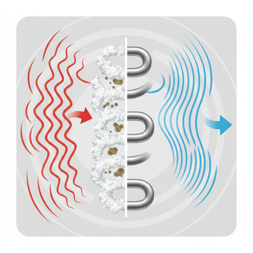 An illustrative infographic-style image depicting the interior of an electric kettle. The illustration is split into two conceptual halves. The left side shows a heating element encrusted with a thick layer of rough, white limescale, with wavy red lines emanating outwards, symbolizing energy inefficiency and heat loss. Small, abstract bacterial shapes could be subtly integrated into the limescale texture. The right side shows the same heating element, now perfectly clean and smooth, surrounded by bright, efficient blue lines indicating fast and effective heat transfer. The visual highlights the importance of cleaning for both performance and hygiene.
