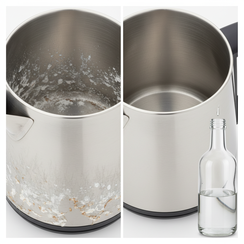 A professional, brightly lit split-screen photo of a kitchen kettle. The left side shows the interior of a stainless steel kettle heavily coated with rough, white limescale, looking dull and unhygienic. The right side shows the same kettle's interior sparkling clean and reflective, free of any deposits. A bottle of clear household vinegar is subtly placed next to the clean kettle, perhaps with a few drops visually flowing into it, suggesting the cleaning agent. The overall impression is clean, effective, and inviting.