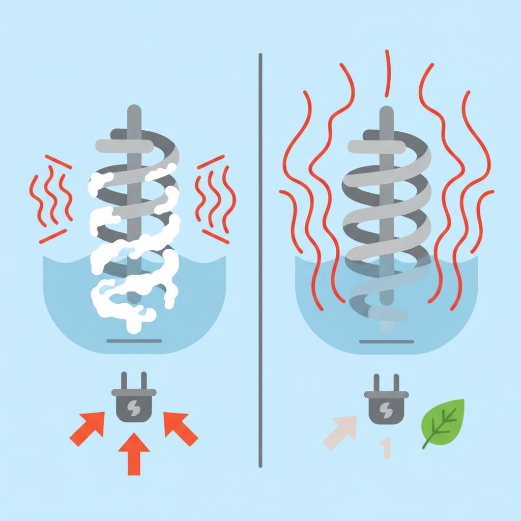 A modern, clean flat illustration in an infographic style, depicting the hidden problems of limescale. On the left, a stylized cross-section of a kettle's heating element is covered in a thick, insulating layer of white limescale, with sparse, inefficient heat waves struggling to pass through. On the right, the same heating element is completely clean, emitting robust and efficient heat waves that quickly reach the water. Visual cues like a simplified power plug icon on the left showing more 'consumption' compared to a smaller consumption on the right, emphasize energy efficiency. The aesthetic is clear and informative.