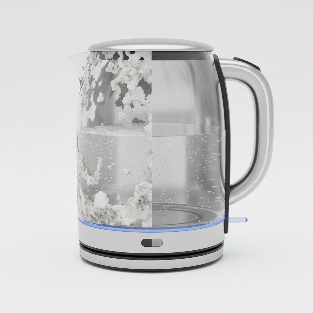A detailed 3D rendering of a modern electric kettle, split vertically down the middle. One half clearly displays significant white and grey limescale buildup on the inner walls and heating element, with slightly clouded water. The other half shows a sparkling clean, polished stainless steel or glass interior, completely free of residue, with crystal-clear water. The contrast between the dirty and clean states should be stark and visually impactful, highlighting the transformation. The overall style is clean and technical product illustration.