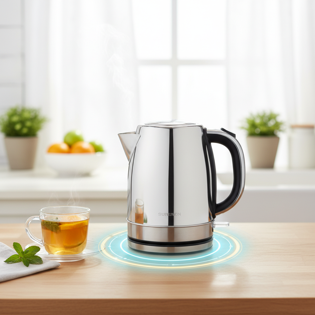 A vibrant, professional lifestyle photograph featuring a sleek, immaculately clean electric kettle, positioned in a bright kitchen setting. Gently rising steam hints at its readiness. Next to it, a perfectly brewed cup of tea or coffee, suggesting excellent taste. The scene conveys freshness, purity, and efficiency. A soft, abstract glow or a subtle, stylized energy ripple emanates from the kettle's base, hinting at optimized performance without any numerical or textual elements. The overall mood is inviting and refreshing.