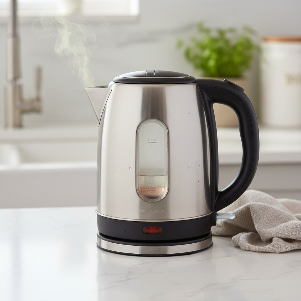 A somewhat neglected electric kettle sitting on a clean kitchen counter. A visible, slightly greenish-brownish vapor or wavy lines emanate from its spout, subtly suggesting an unpleasant, musty odor. The interior of the kettle should hint at some grime or discoloration without being overly repulsive, just indicating a lack of cleanliness. The overall mood is slightly problematic, prompting the viewer to think about cleaning. Style: Professional, clean photographic style with a touch of atmospheric realism.