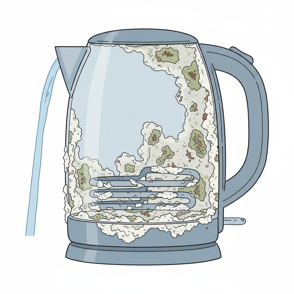 A detailed, cutaway illustration showing the interior of an electric kettle. Focus on the heating element and inner walls heavily coated with thick, white-grey limescale deposits. Subtle visual cues, like tiny, abstract spores or discolored patches within the porous limescale, should hint at potential bacterial or mold growth, without being explicit or gross. Style: Scientific infographic illustration with clear, precise lines and a muted color palette.