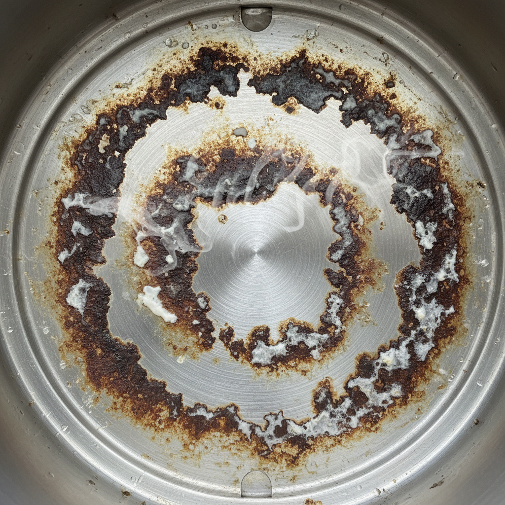 A close-up shot of the interior bottom of an electric kettle. Visible, dark brown stains or a faint milky film cling to the stainless steel surface, clearly indicating residues from previously heated tea, coffee, or milk. A subtle visual element, like faint wavy lines above the residue, should suggest the associated unpleasant smell. The focus is on the specific type of organic buildup. Style: Clean, detailed studio photography or realistic digital painting.