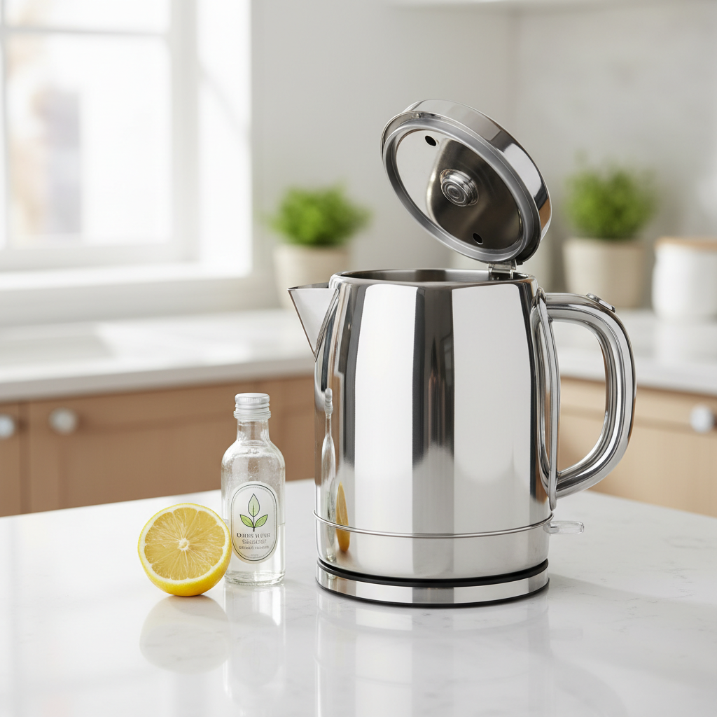 A sparkling clean, shiny electric kettle standing proudly on a bright kitchen countertop. Beside it, a fresh, half-cut lemon and a small bottle of white vinegar are neatly arranged, suggesting natural and effective cleaning solutions. The kettle's interior is spotless, reflecting light, conveying a sense of freshness and hygiene achieved through cleaning. Style: Bright, airy lifestyle photography with soft natural light, emphasizing cleanliness and freshness.