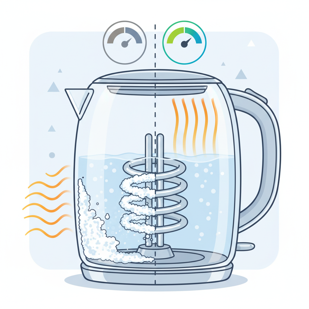 An infographic-style illustration depicting the interior of a transparent electric kettle. On one side, a thick, white layer of limescale visibly insulates the coiled heating element, with subtle visual cues like dissipated heat waves around it. On the other side, the heating element is completely clean and shiny, surrounded by concentrated, efficient heat waves rising upwards. A subtle visual element, perhaps an energy meter icon on each side with differing levels, could hint at energy consumption without showing actual numbers. Style: Clean, modern infographic illustration with a focus on contrasting efficiency.