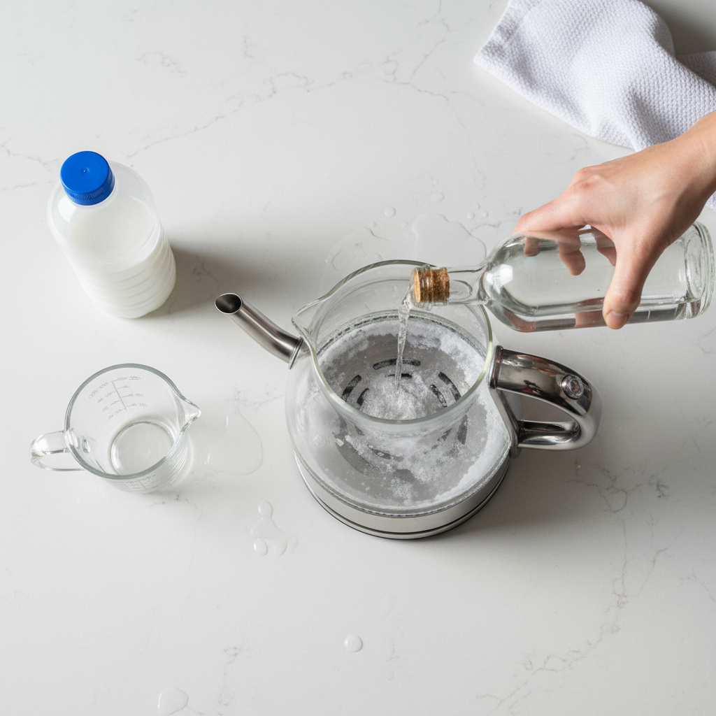 A bright, clean kitchen counter scene. A person's hands are carefully pouring a clear liquid, presumably vinegar, from a simple glass bottle into an electric kettle. The kettle's interior is subtly shown with some visible limescale, and the liquid is just starting to cover it. Beside the kettle, a half-filled bottle of white vinegar and a small measuring cup or jug are visible. The overall composition is neat and practical, illustrating a common household task. Style: Realistic, well-lit flat lay photograph with a domestic feel.