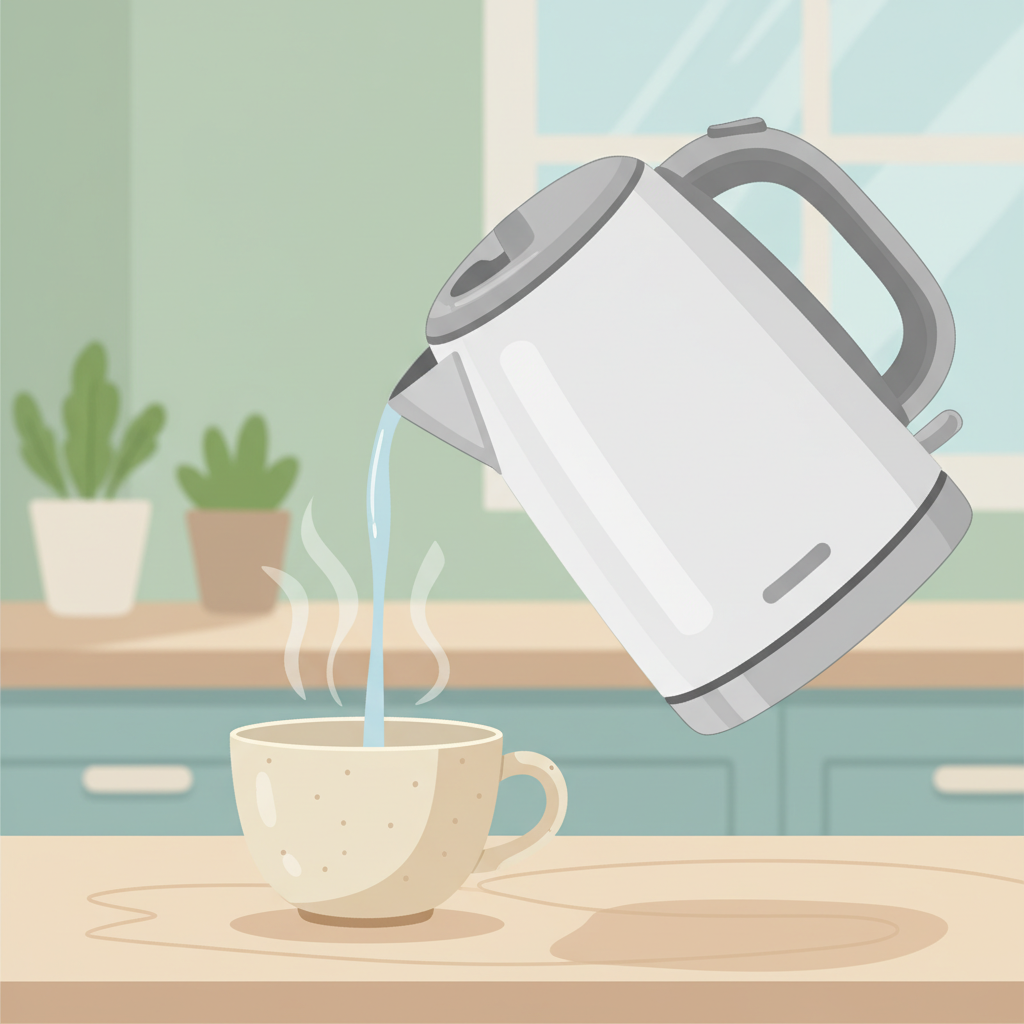 A serene and inviting scene focusing on the positive outcome of descaling. A sparkling clean, modern electric kettle is gently pouring a stream of crystal-clear, pure water into an elegant ceramic teacup or mug placed on a wooden surface. Delicate steam gently rises from the cup, conveying warmth and freshness. The background is softly blurred, suggesting a clean, calm kitchen environment. The overall image evokes feelings of purity, good taste, and well-being. Style: Cozy, slightly minimalist flat illustration with soft colors and clean lines.