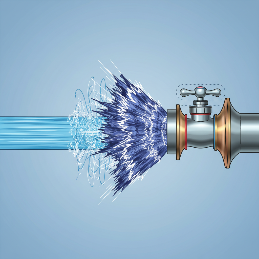 A detailed technical illustration depicting a cross-section of a metal water pipe. Water flows smoothly from left to right. A faucet on the right side is rapidly closing. As the valve closes, a distinct, compressed wave of water (a pressure wave) is shown propagating rapidly back through the pipe towards the left, causing the pipe walls to subtly bulge outwards in a shockwave-like manner, suggesting vibration and the 'water hammer' effect. Use dynamic lines and subtle color shifts to emphasize movement and force.