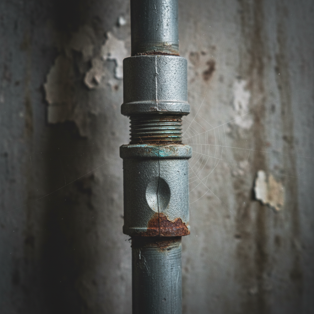 A professional photo, close-up, of a section of a water pipe (e.g., copper or galvanized steel) connected to a fitting. The pipe or fitting shows visible signs of stress and wear consistent with repetitive impact, such as a hairline crack near a joint, a slightly corroded or loosened connection, or a subtle deformation of the pipe wall. The background is a blurry, dimly lit wall, suggesting a hidden plumbing area, emphasizing the potential for unseen damage.