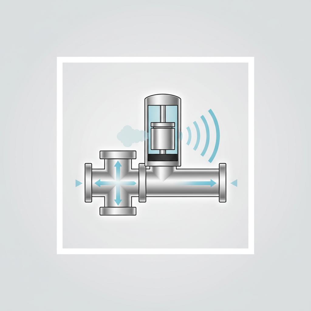 A clear, technical diagrammatic illustration of a modern plumbing system section, specifically highlighting a water hammer arrestor integrated into a water pipe line, perhaps near a T-junction or a valve. The arrestor's internal mechanism (e.g., a piston compressing air or a flexible diaphragm) is visible through a cutaway view, actively absorbing a pressure wave. Subtle directional arrows or diminishing ripples illustrate the energy being dissipated within the device.