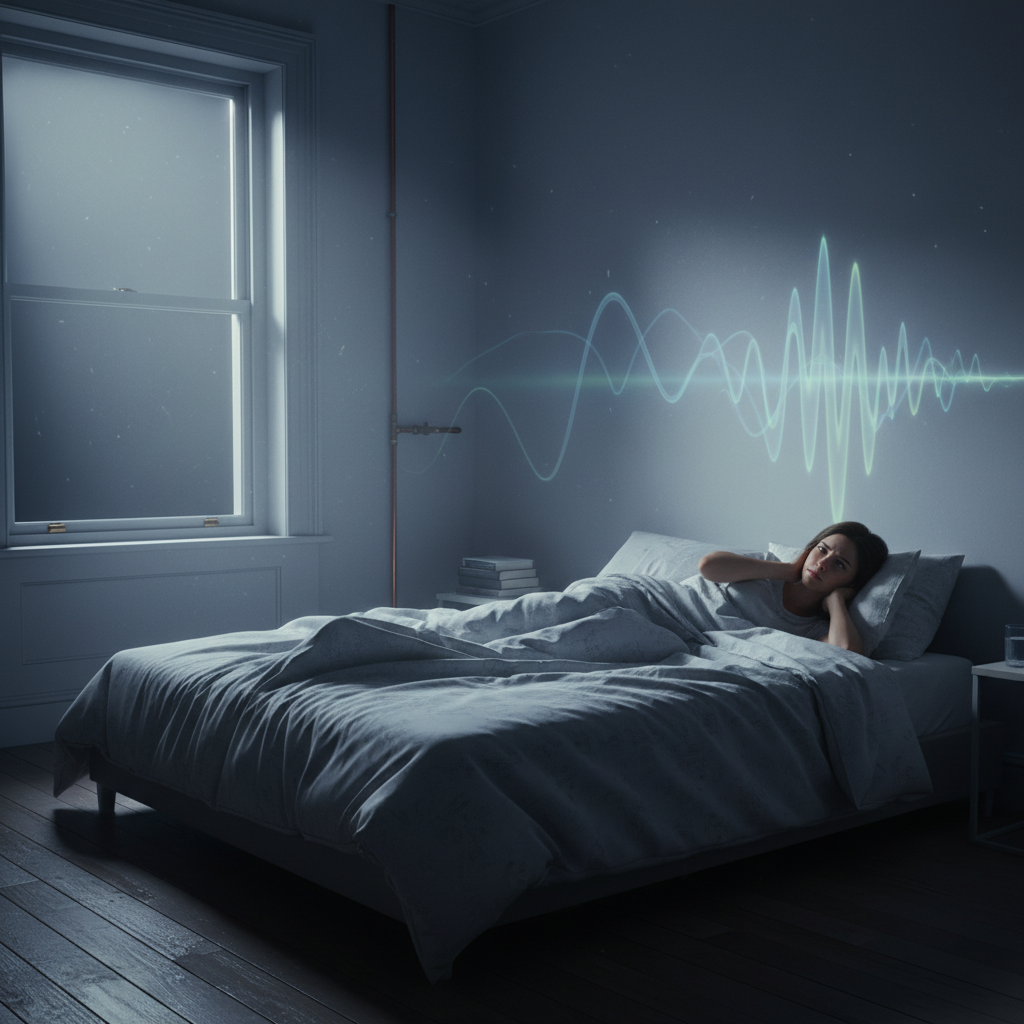 A quiet bedroom at night, bathed in soft moonlight filtering through a window. A person lies in bed, eyes slightly open, looking subtly annoyed or disturbed. Faint, ethereal visual waves or subtle motion lines emanate from a water pipe near the wall, suggesting an unseen sound. The overall atmosphere should convey a sense of peaceful sleep being gently but persistently interrupted. Style: Realistic, professional photo with a slightly desaturated, calm color palette.
