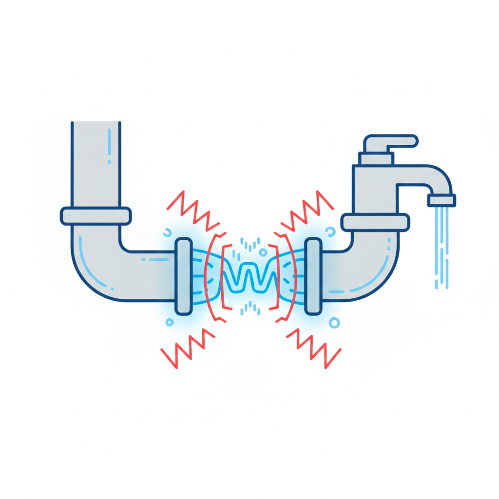 A clear, cross-sectional diagram of a typical household water pipe system. Highlight a section of the pipe where the internal diameter noticeably narrows, creating a constricted point. Illustrate water flowing through this narrow section with increased speed and turbulent, vibrating lines, visually representing the 'pfeifende' (whistling) sound caused by the high-velocity flow. Use a clean, modern infographic style with smooth lines and a bright color scheme for the water.