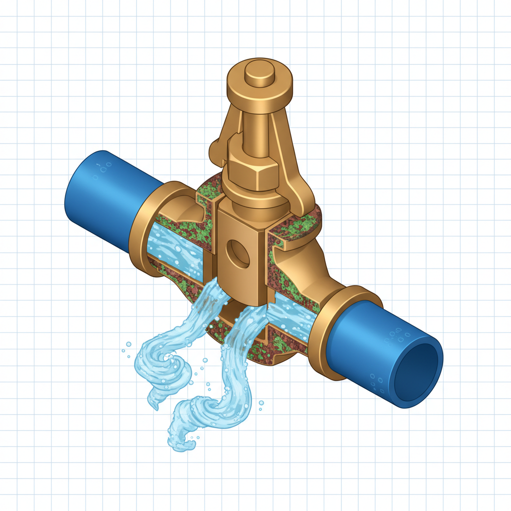 An isometric cutaway illustration of a standard residential water valve. The valve should be depicted as either slightly ajar (not fully open) or having internal components that are visibly damaged or corroded. Show water flowing through the valve with distinct turbulent patterns and small vortexes forming at the point of restriction or damage, indicating the cause of the whistling sound. Style: Detailed, technical 3D illustration with a focus on mechanical clarity and a clean, informative aesthetic.