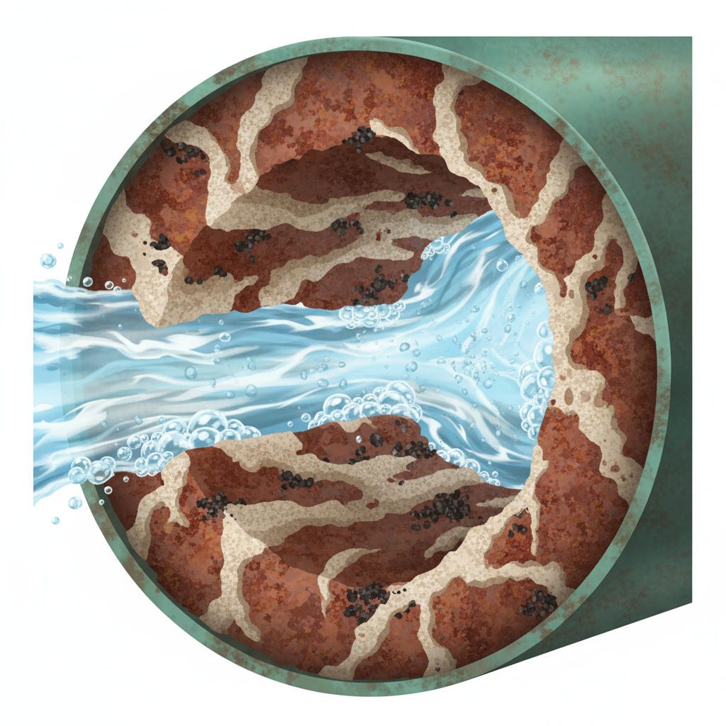 A detailed cross-section of an older residential water pipe. The inner walls of the pipe are visibly coated with significant mineral deposits (e.g., lime, rust, sediment), drastically reducing the pipe's effective internal diameter. Illustrate water flowing through this severely narrowed passage with high turbulence and swirling patterns, emphasizing the resistance and friction that would cause a whistling noise. Style: Educational, diagrammatic illustration with realistic textures for the deposits and a clear, illustrative depiction of water flow.
