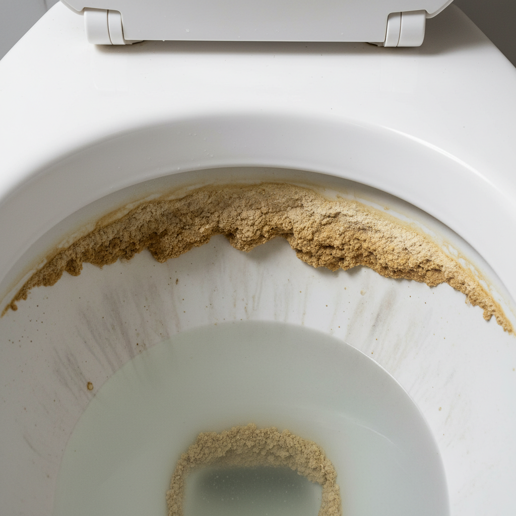 A close-up, slightly angled shot inside a white ceramic toilet bowl. The focus is on the waterline area and just below, where prominent, hard, yellowish-brown mineral deposits (limescale/urinestone) are clearly visible clinging to the ceramic surface. The texture should convey a rough, encrusted appearance, indicating layers built up over time. The rest of the toilet should appear slightly dull or unclean, contrasting with the desired outcome of a clean toilet. The scene emphasizes the problem before cleaning, making the issue visually clear and unappealing. Professional photo style, realistic, yet impactful.
