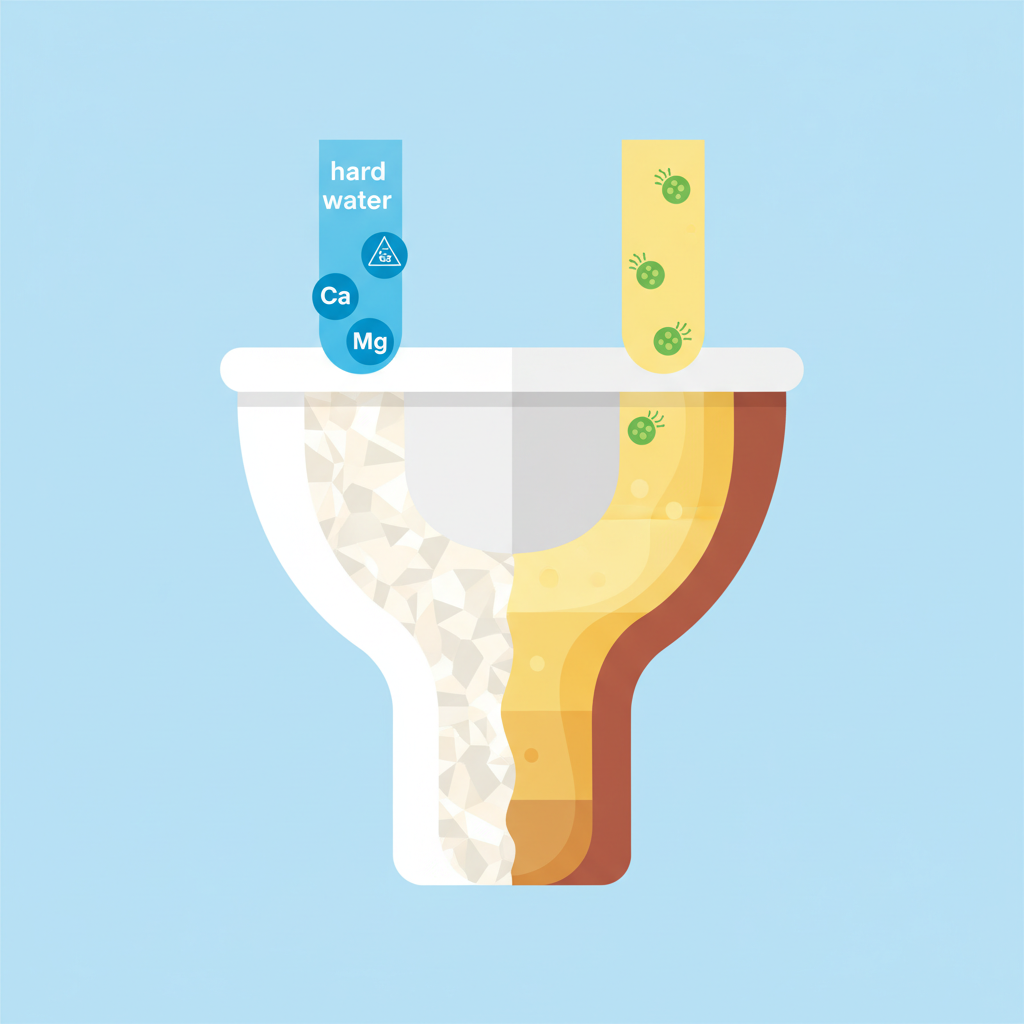 A vibrant, clean flat illustration depicting the abstract formation of limescale and urinal scale in a toilet context. On one side, stylized blue droplets representing 'hard water' containing small, simple mineral icons (like calcium and magnesium symbols) interact with a simplified toilet bowl cross-section. On the other side, abstract representations of yellow liquid (urine) and small, green bacteria symbols combine to form 'urinestone'. Both processes visually merge into a hardened, multi-layered deposit adhering to the inner surface of the toilet bowl, colored subtly in yellows and browns. The illustration should be informative and easy to understand at a glance.
