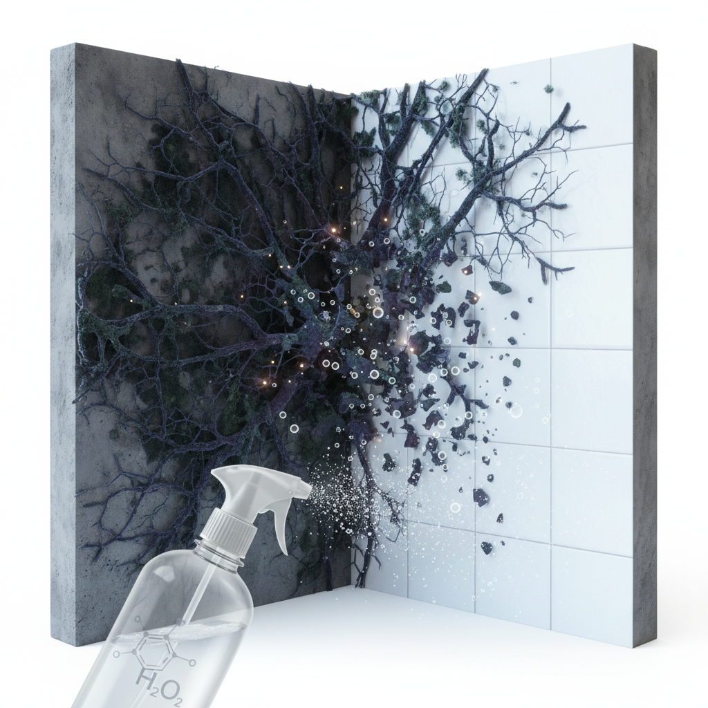 A stylized, cutaway view of a dark, damp wall corner heavily infested with ominous mold colonies. From the foreground, a translucent spray bottle (no visible labels, perhaps a subtle H₂O₂ molecular structure subtly integrated into its design) emits a fine mist towards the mold. Upon contact, the mold cells (small, irregular, dark shapes) begin to disintegrate and break apart, with subtle effervescent bubbles symbolizing oxygen release, visually representing the oxidizing effect. The background transitions to a clean, bright surface, signifying effective cleaning. Style: Detailed scientific illustration with a clean, modern aesthetic, emphasizing the chemical interaction at a microscopic yet understandable level.
