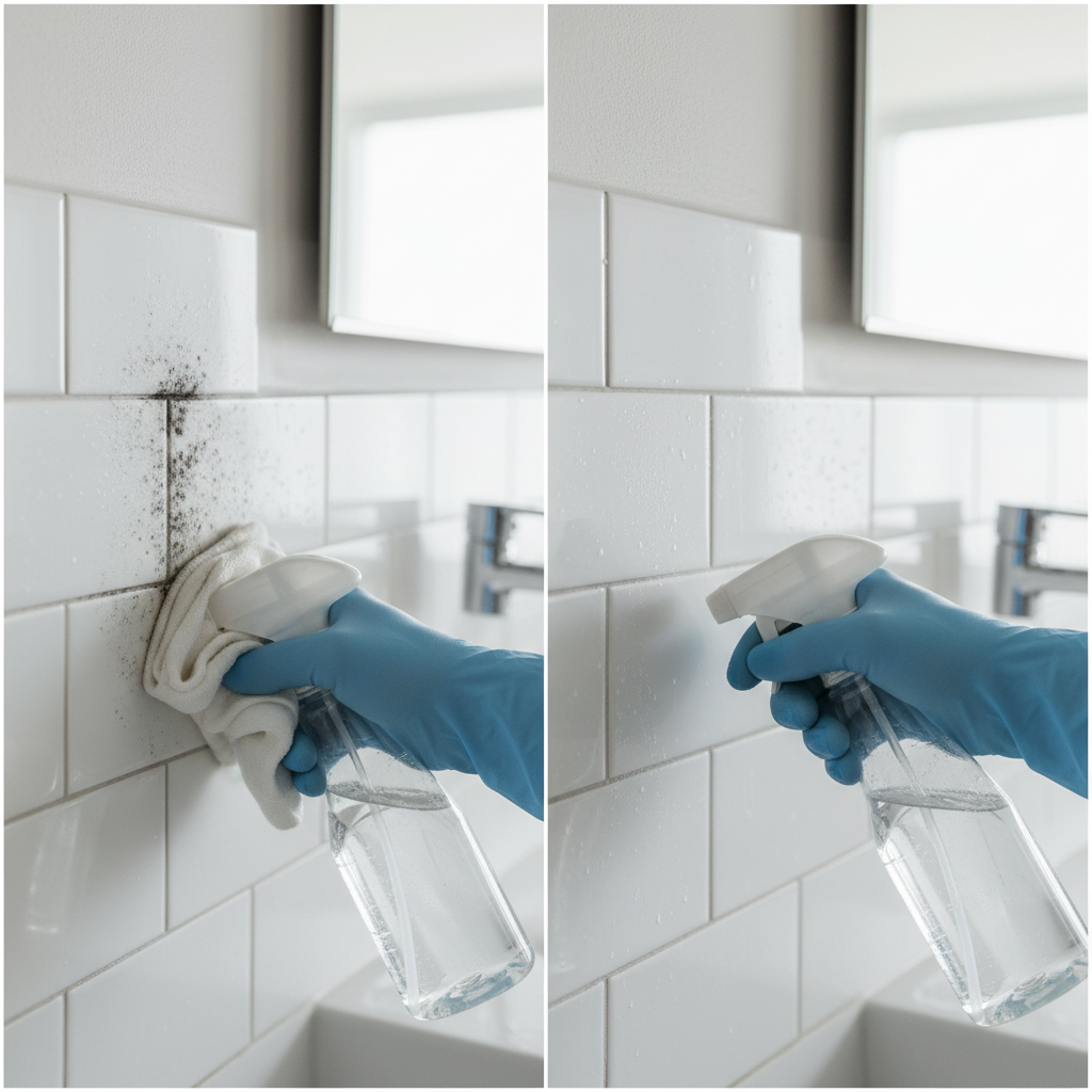 A bright, well-lit bathroom or kitchen setting. On one side of the image, a small, dark patch of mold is clearly visible on a tile grout or wall. A human hand, wearing a protective glove, holds a spray bottle (clear, with no visible labels, suggesting a common household solution) and a cleaning cloth. The hand is in the process of wiping away the mold, with a faint trail of cleanliness following the cloth. The other side of the image shows the same surface area, now completely clean and pristine, sparkling. The overall impression should be one of safety, effectiveness, and a fresh environment. Style: Professional, clean photographic style with a realistic, slightly desaturated color palette to highlight the contrast between before and after.