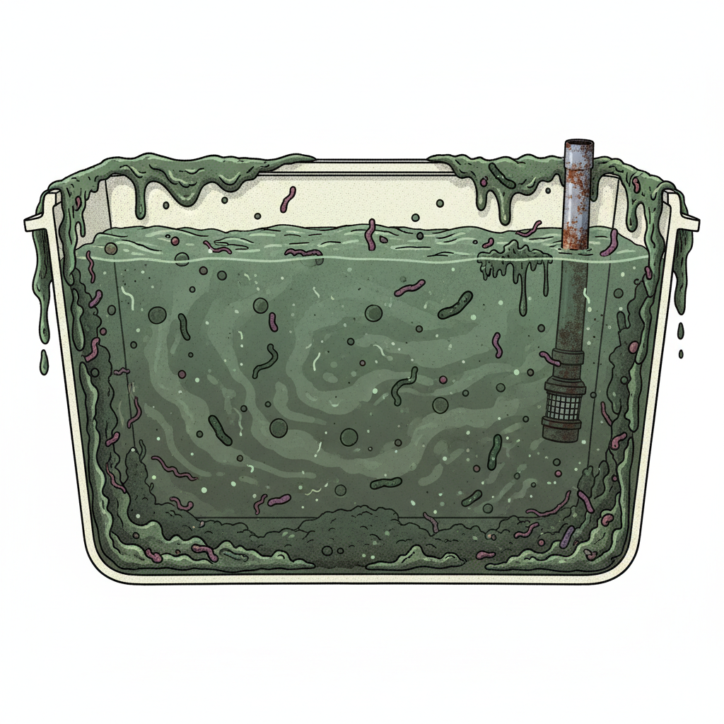 A detailed cutaway diagram illustrating the interior of a neglected caravan water tank. The tank is filled with murky, stagnant, greenish-brown water, showing visible sediment and floating particles. Thick, slimy biofilm heavily coats the internal walls and bottom surface, appearing as an unhealthy, textured layer. Subtle, abstract representations of microscopic bacteria are embedded within the biofilm and the water itself, hinting at unseen contaminants. The overall impression is one of poor hygiene and potential health risks. Detailed technical illustration style with a focus on biological degradation and visual discomfort.
