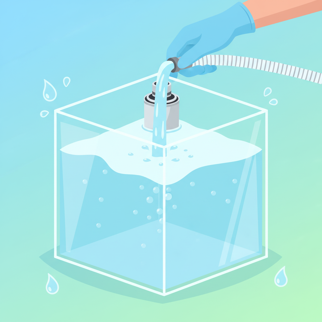 A pristine, sparkling clean caravan water tank, depicted with a transparent or cutaway view to reveal its immaculate interior. The tank is completely free of any sediment or biofilm, its internal surfaces gleaming. Crystal-clear, blue-tinted fresh water flows into or fills the tank, possibly with small bubbles indicating aeration and freshness. A clean hand could be gently touching the exterior or a hose connection, symbolizing care and maintenance. The overall aesthetic is bright, hygienic, and inviting, conveying a sense of health and well-being. Modern flat illustration style with vibrant, refreshing colors.